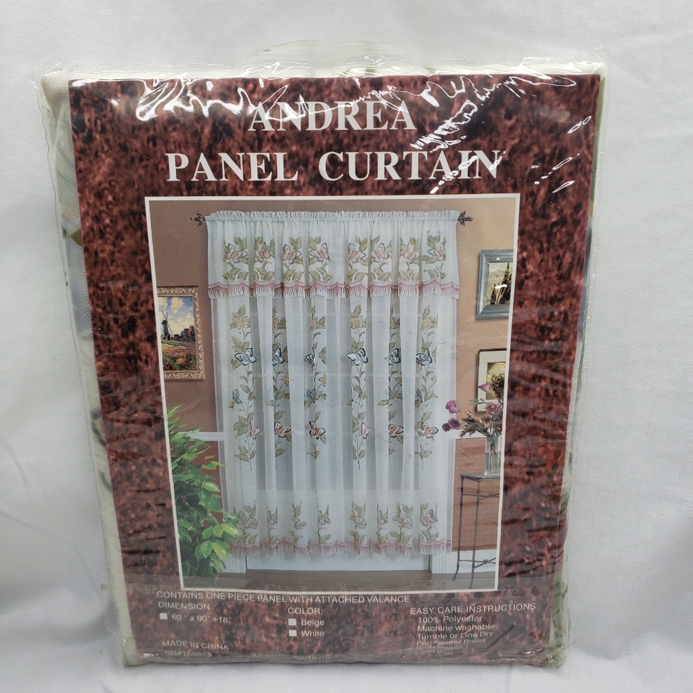 Andrea Sheer Curtain Panel 60 x 90 Pink Butterflies Green Gold Attached Valance